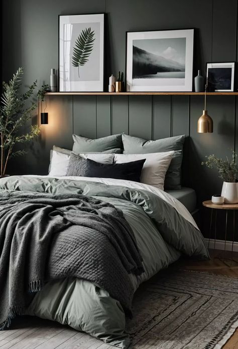 bedroom ideas | bedroom decor | bedroom furniture | bedroom wall decor | bedroom decor ideas  bedroom design bedrooms bedroom ideas for small rooms bedroom inspiration bedroom decoration bedroom inspirations bedroom inspo bedroom decorating ideas bedroom ideas for couples bedroom makeover bedroom decorating bedroom wall art bedroom light bedroom lighting bedroom ideas master bedroom idea bedroom idease bedroom art bedrooms decor Natural Bedroom Design Ideas, Master Bedrooms Decor Cozy Sage Green, Sage Green And Charcoal Bedroom, Bedroom Uk Ideas, Sage Room Decor Aesthetic, Dark Grey Bed Bedroom, Bedrooms With Grey Furniture, Grey Sheets Bedroom Ideas, Grey Bedroom Wall Ideas