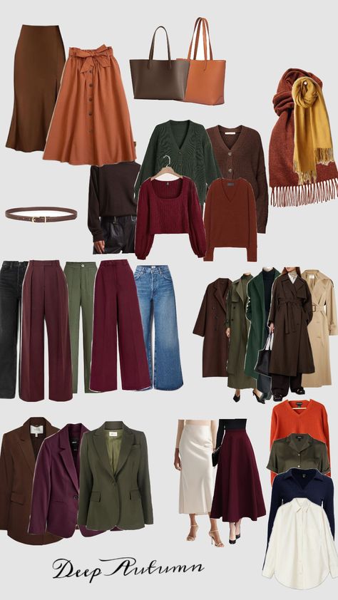 deep atumn colour pallatte Autumn Colour Analysis Outfits, Deep Autumn Colour Palette Clothes, Deep Winter Autumn Outfits, Dark Autumn Outfits For Winter, Autumn Season Color Palette Outfits, Warm Autumn Outfits Color Palettes, Fashion Color Theory, Autumn Seasonal Color Analysis Outfits, Deep Autumn Vs Warm Autumn