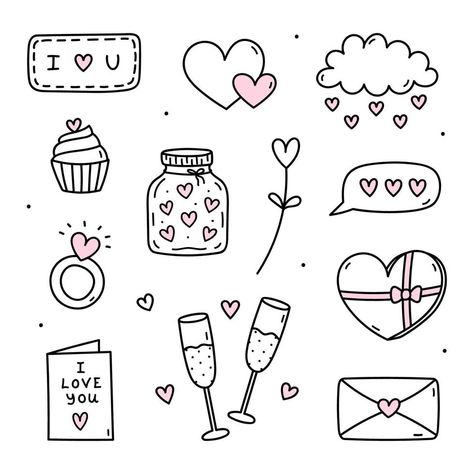 Cute set of doodles for Valentine's Day - glasses of champagne, love cards, envelopes, jar with hearts and others. Vector hand-drawn illustration. Perfect for holiday designs, stickers, decor. Couples Doodles, Valentines Day Doodles, Valentine Drawing, Valentine Doodle, Cute Drawings Of Love, Valentines Day Drawing, Cute Easy Doodles, Heart Doodle, Love Doodles