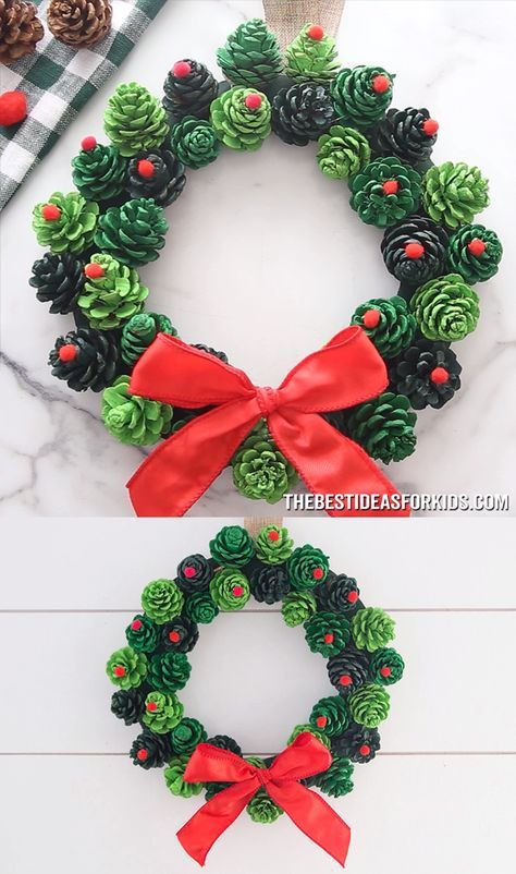 Diy Christmas Gifts Decor, Craft For Christmas Decorations, Christmas Wreaths Diy Kids, Christmas Wreaths Crafts For Kids, Pinecone Wreath Christmas, Diy Easy Christmas Wreath, Pine Cone Decorations Diy Craft Ideas, Christmas Home Made Decorations, Christmas Decoration Diy For Kids