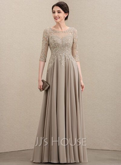 A-Line Scoop Neck Floor-Length Chiffon Lace Mother of the Bride Dress With Sequins (008195372) - JJ's House Floor Length Lace Dress, Bride Silhouette, Bride Dress Lace, Chiffon Lace Dress, Lace Bride, Dress Bride, Dresses Chiffon, Mothers Dresses, Lace Evening Dresses