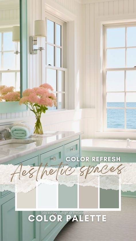 Creating a Coastal Bathroom: Light and Bright Color Scheme with Ocean Blues and Seafoam Greens Guest Bath Color Scheme, Seafoam Bathroom Ideas, Sea Foam Bathroom, Light Teal Bathroom, Teal And White Bathroom, Sea Green Bathrooms, Blue Beadboard, Green Bathroom Colors, Blue Green Bathrooms