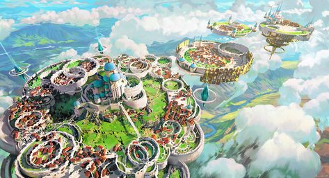 Flying City, City In The Sky, Floating Castle, Minecraft Town, Fantasy Locations, Fantasy City, Fantasy Castle, Fantasy Places, Futuristic City