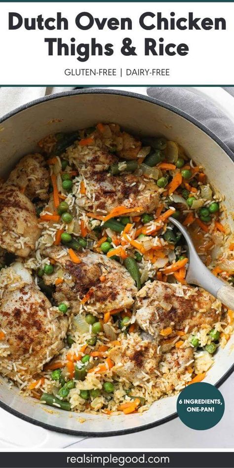 6-Ingredient Dutch Oven Boneless Chicken Thighs with Rice Dutch Oven Chicken And Rice, Oven Chicken And Rice, Dutch Oven Chicken Thighs, Oven Chicken Thighs, Chicken Thigh And Rice Recipe, Chicken Thighs And Rice, Seasoned Chicken Thighs, Dutch Oven Chicken, Rice And Veggies