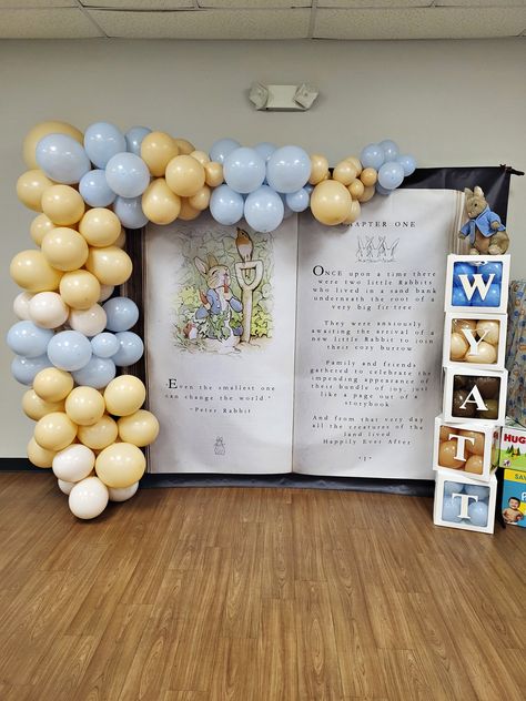 Backdrop was purchase from Etsy,
Balloons and blocks were purchased from Amazon Childrens Books Baby Shower Centerpieces, Book Balloon Arch, Story Time Baby Shower Theme, Baby Book Shower Theme, Storybook Baby Shower Backdrop, Book Themed Gender Reveal, Bookworm Baby Shower Ideas, Childrens Book Baby Shower Ideas, Vintage Book Baby Shower Theme