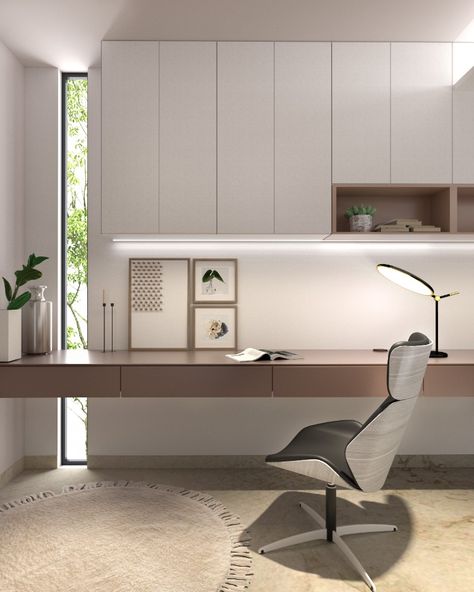 A clean minimal study corner with a blend of natural and artificial lighting. muted tones and minimal converge. Study Room Corner Desk, Study Corner Design, Corner Desk Vanity Combo, Minimalistic Study Room, Minimal Study Room, Built In Study Desk, Desk Lighting Ideas, Office Corner Table, Minimalist Study Room