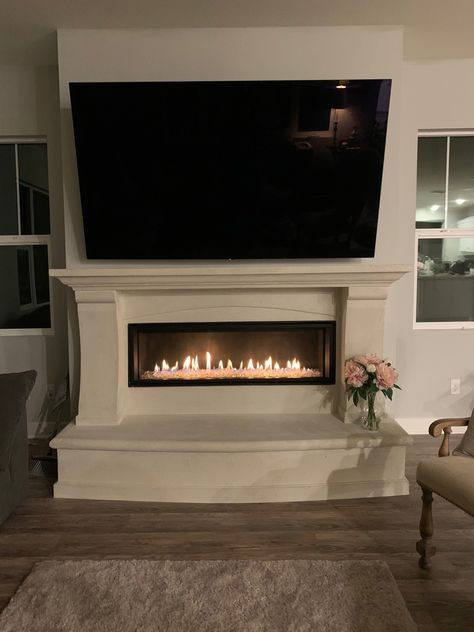 75” Tv Above Fireplace, Faux Fireplace Under Tv, Bench Under Tv, Painted Fireplaces, Cast Stone Mantel, Tv Fireplace, Fireplace Inspiration, Tv Over Fireplace, Fireplace Diy