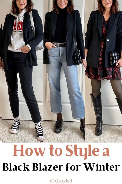 How to style and wear a black blazer with these trendy fashion outfits. Casual winter outfits that are on trend for date night, going out, or even work outfit ideas. How To Wear Blazers Casual, Black Knit Blazer Outfit, Winter Black Blazer Outfits For Women, Black Blazer Date Night Outfit, Jeans With Black Blazer Outfit, What To Wear With Black Blazer, Black Blazer Outfit Casual Street Styles, Blazer And Jeans Outfit Winter, How To Wear A Black Blazer