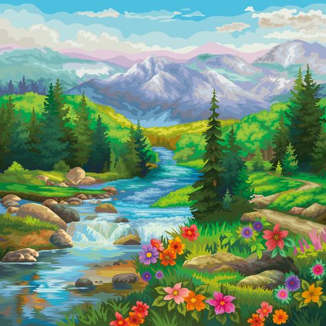 Scenery Flowers, Arts And Crafts Home Decor, Arts And Crafts Home, Art Kits For Adults, Diamond Art Kits, Landscape Painting Tutorial, Oil Pastel Drawings, Gems Art, Landscape Art Painting