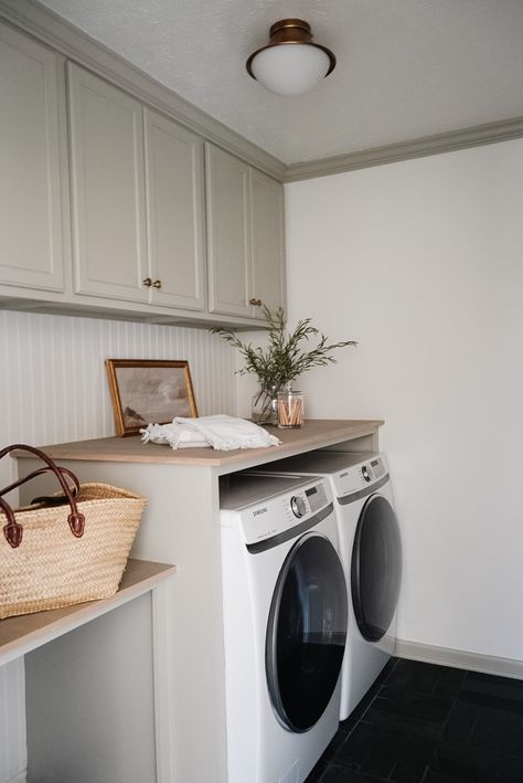 Small Laundry Room White Cabinets, Small Laundry Room Butcher Block Counter, Rectangular Laundry Room Ideas, Laundry Room Ideas White Cabinets, Beige Laundry Room Cabinets, Laundry Room Countertop Decor, Windowless Laundry Room, Laundry Room Set Up, Laundry Room With Countertop