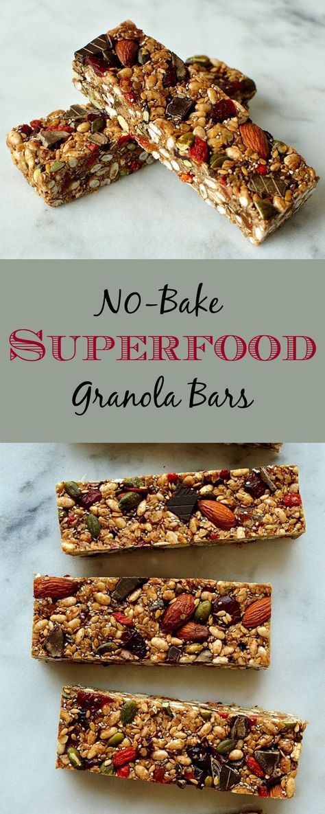 No-bake chewy granola bars packed full of superfood ingredients such as chia, pumpkin & linseeds, almonds, goji berries, oats, coconut oil & dark chocolate. Superfood Granola, Bake Granola Bars, No Bake Granola, No Bake Granola Bars, Healthy Granola Bars, Chewy Granola Bars, Granola Recipe Bars, Chewy Granola, Healthy Bars