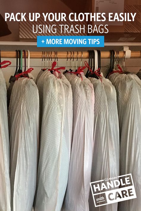 Here’s a great moving tip: pack up your clothes by tying trash bags around them. It helps keep your clothes organized, protected and on the hanger. We’ve got plenty more easy packing tips on our Moving Center. Trash Bag Clothes Moving, How To Move Clothes On Hangers, Moving Clothes On Hangers, Moving Hanging Clothes, Capsule Packing, Moving Clothes, Moving House Tips, Moving Hacks Packing, Moving Guide