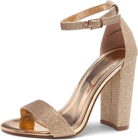 Amazon.com | Herstyle Rosemmina Womens Open Toe Ankle Strap Chunky Block High Heel Dress Party Pump Sandals Rose Gold Shimmer 9.0 | Heeled Sandals Gold Glitter Heels, Black Chunky Heels, High Heel Dress, Party Pumps, Chic Heels, Sparkly Heels, Trendy Sandals, Ankle Strap High Heels, Strappy High Heels