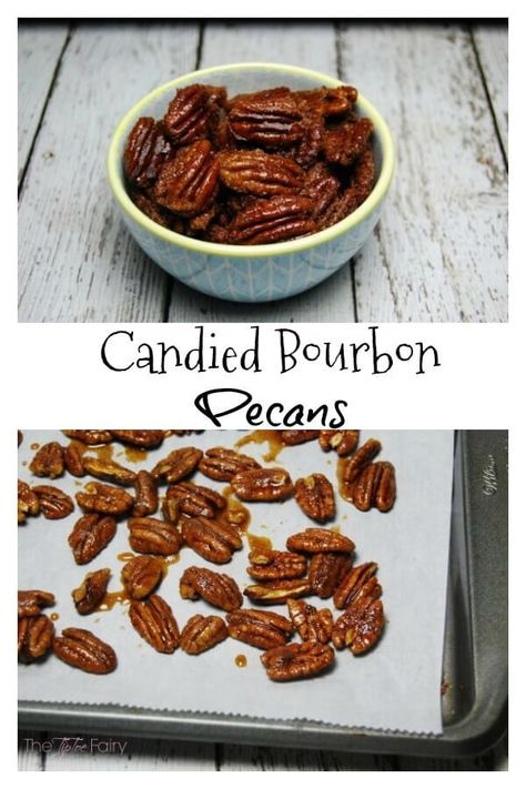 Candied Bourbon Pecans - a simple recipe for topping desserts! It also makes a great handmade holiday gift! #christmas #recipes #giftideas Bourbon Christmas Tree, Bourbon Candy, Pecans Recipes, Bourbon Pecans, Bourbon Dessert, Derby Food, Nut Mixes, Candied Pecans Recipe, Nutella Recipes Easy