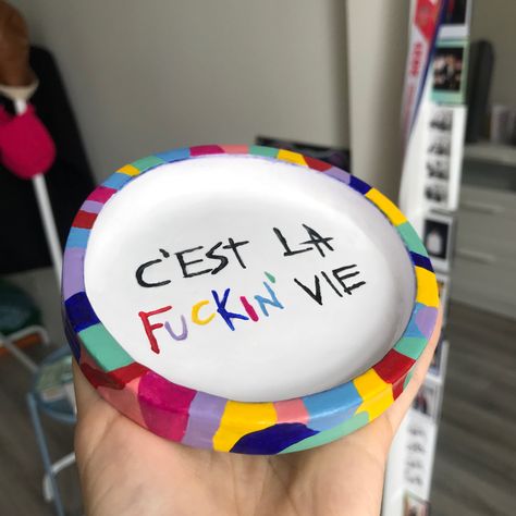 Handmade clay round trinket dish with a quote “c’est la fucking vie” Airdryclay Ashtray, Air Dry Clay Ashtray Diy, Diy Clay Ashtray, Air Dry Clay Ashtray, Ashtray Clay, Diy Pottery Painting, Diy Air Dry Clay, Sculpture Art Clay, Clay Clay