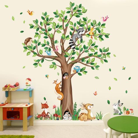 PRICES MAY VARY. It can be stuck onto any clean, dry, non-textured smooth surfaces: walls, windows, tiles, furniture, mirrors, even your refrigerators. decalmile wall stickers are made of high quality, bright and colourful, easy to peel and stick, removable and waterproof. decalmile woodland animals tree wall stickers are perfect to decorate kids bedroom, nursery room, playroom, classroom and living room. Come in 4 sheets, sheet size: 30cm × 90cm (11.8" × 35.4"), recommend finished size: 124cm x Toddler Room Wall Decor, Tree Mural Nursery, Baby Room Wall Decals, Woodland Mural, Stickers Bear, Nursery Wall Decals Tree, Baby Wall Stickers, Forest Mural, Tree Wall Murals