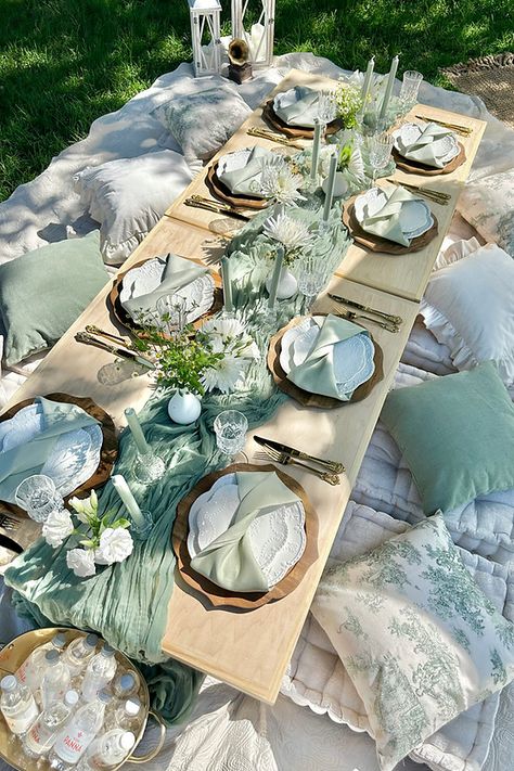 Themes | My Site Green And Gold Picnic, Chic Picnic Ideas, Elegant Picnic Decor, Green Theme Picnic, Fancy Outdoor Picnic, Sage Green Picnic Aesthetic, Bali Birthday Party Theme, Green Picnic Aesthetic, Sage Green Picnic