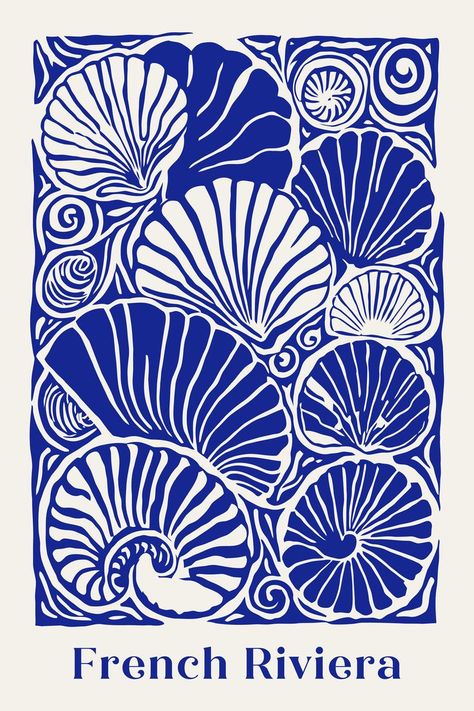 Vintage French Riviera, Seashell Poster, Flower Pattern Drawing, Wall Art Coastal, Beach Home Decor, Blue Poster, Retro Blue, Ocean Wall Art, Ocean Print