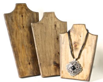 Wood Jewelry Display SET of 3 in S,M,L Necklace Bust, Necklace Stand, Wood Necklace Display, Necklace Holder, Choose the Stain and the Edge Retail Jewelry Display, Creative Jewelry Displays, Jewelry Table Display, Wood Jewelry Display, Craft Market, Retail Jewelry, Jewelry Displays, Cleaning Silver Jewelry, Necklace Stand