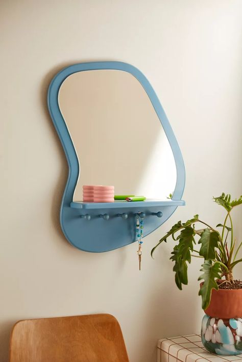 Modern Shape Mirror, Tool Storage For Small Spaces, Cool Shaped Mirrors, Color Pop Room Decor, Fun Shaped Mirrors, Urban Outfitters Dorm Room Ideas, Cute Wall Mirrors, Diy Small Shelf Ideas, Unique Home Decor Accessories