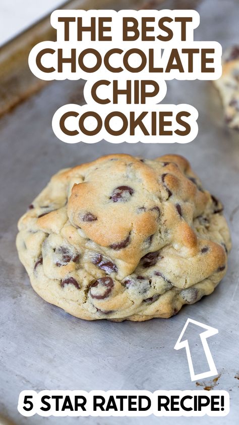 These BEST EVER Giant Chocolate Chip Cookies are thick, fluffy, crispy golden brown on the outside and soft, gooey and chewy on the side. It's the perfect cookie. Really! #cookies #chocolatechipcookies #giantcookies #softcookie #chewycookies #levaincookies #cravecookie #bestevercookies #chocolatechips Giant Chocolate Chip Cookies, Chocolate Chip Pudding, Chocolate Chip Pudding Cookies, The Perfect Cookie, Best Chocolate Chip Cookies, Giant Chocolate, Best Chocolate Chip, Pudding Cookies, Dessert Aux Fruits