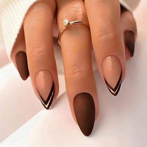 French Tip Press on Nails，Dark Brown Medium Pointed Almond Shape, Reusable Brown Nail Kit，24 PCS Amazon Affiliate Ongles Beiges, Latest Nail Designs, Colorful Nails, White Nail, Dark Nails, Fall Nail Art, Brown Nails, Stick On Nails, Nail Designs Spring