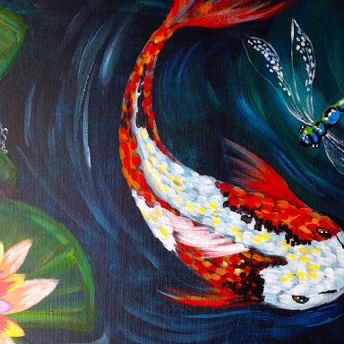 How to Paint Koi Fish Dragon fly and Waterlilies Easy Beginner Acrylic Paint Koi Fish, Koi Fish Dragon, Crop Pics, Fish Dragon, Art Sherpa, The Art Sherpa, Pond Painting, Koi Art, Whimsical Paintings