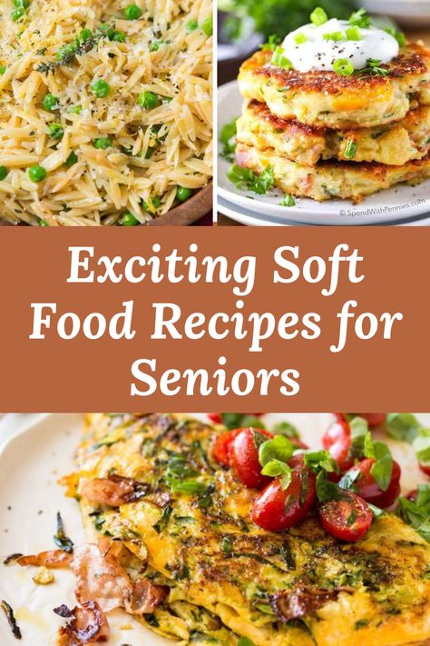 Eating often gets more difficult as people age. Soft food recipes, like the ones on this list, help to solve the problem, making food easier and much less stressful for seniors and caregivers. #softfood #cooking #recipes #senioreating Low Chew Food, Healthy Foods For Seniors, Crock Pot Soft Foods, Dinner Soft Foods, Soft Food For Older People, Elderly Menu Ideas, Easy To Chew Dinner Recipes, Denture Friendly Meals, Soft Delicious Food