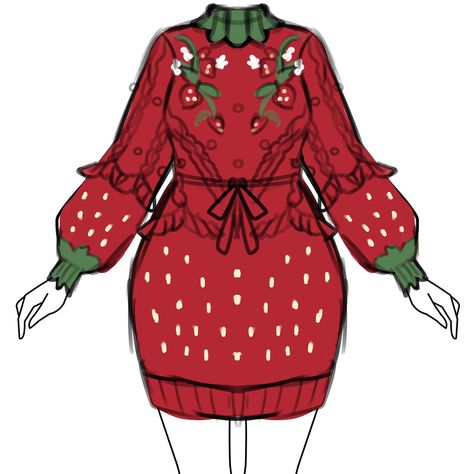 Sweater Dress Drawing, Food Inspired Outfits, Christmas Outfit Drawings, Sweater Doodle, Strawberry Witch, Dresses And Sweaters, Strawberry Vine, Strawberry Romper, Strawberry Outfit