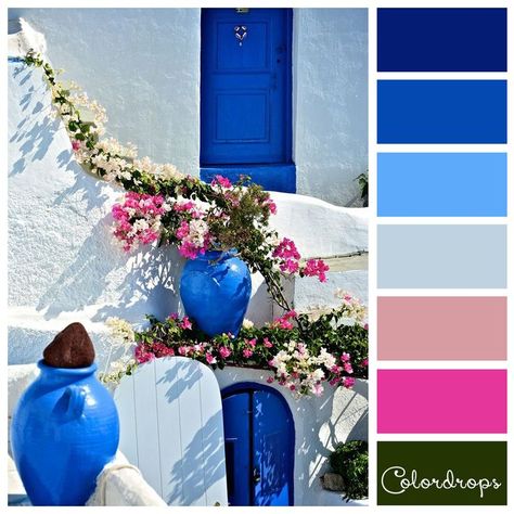 Colors of Santorini for a destination wedding in Greece #weddingideas #destinationweddingplanning Greek Bedroom, Mediterranean Color Palette, Greek Garden, Santorini House, Greek Decor, Santorini Blue, Mediterranean Interior, Greek Blue, Blue Paint Colors