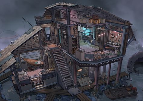 Catfish Farming, Feng Zhu Design, Feng Zhu, Design On Paper, Fish Farm, Set Dressing, Apocalypse Survival, Isometric Art, Urban Fantasy