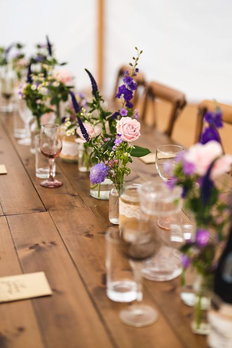 Pink Purple Table Flowers Decor Farmyard Wedding Daniel Lightening Photography #wedding #weddingflowers Long Wedding Tables With Bud Vases, Bud Vases And Candles Centerpiece Long Table, Bud Vase Wedding Long Table, Farmyard Wedding, Bud Vases And Candles Long Table, Bud Vases Purple Flowers, Purple Wedding Tables, Purple Table, Purple Color Palettes