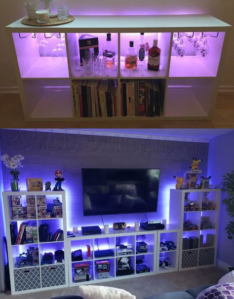 Small Office Hangout Room Ideas, Kallax Video Game, Gaming Room Setup Basement, Ikea Kallax Gaming Room, Kallax Gaming Setup, Kallax Game Room, Black Game Room Ideas, Small Bedroom Game Room Ideas, Ikea Game Room