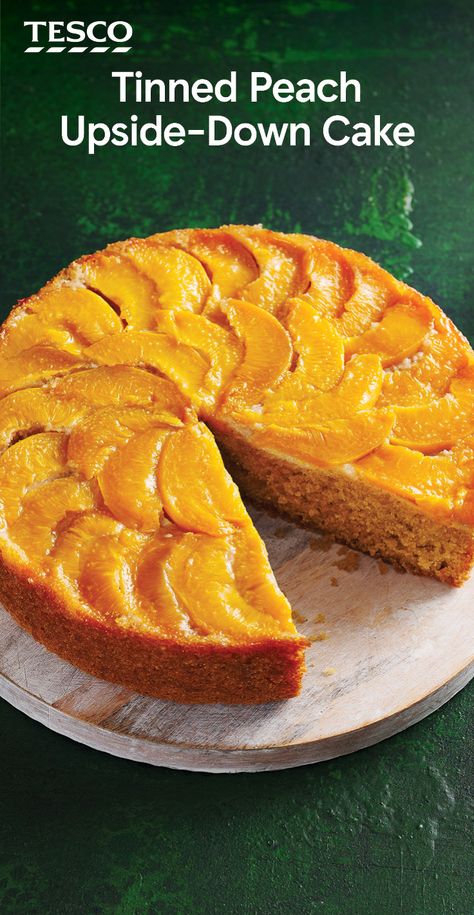 Tinned Peaches Recipes, Peach Desserts With Canned Peaches, Canned Peach Upside Down Cake, Canned Peach Cake, Can Recipes, Upside Down Peach Cake, Tesco Recipes, Peach Muffin, Peach Tart Recipes