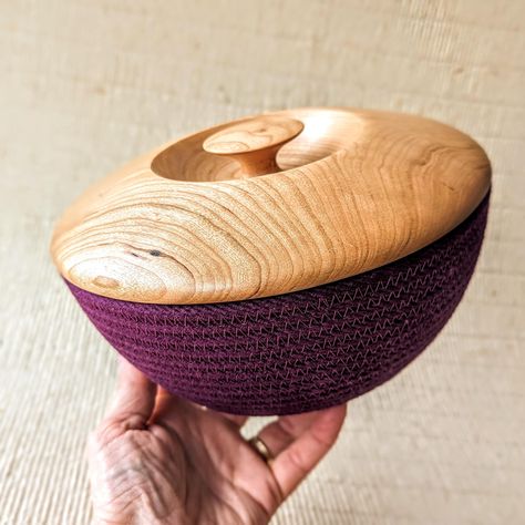 The Rondo * Please note all wood lids are made to order and require 1 - 2 weeks before shipping* My husband has joined me in making these beautiful hand-turned wood lids for Loveline Baskets, hand-dyed Rope Baskets.   This heirloom quality basket and wood lid are available in three sizes, three wood species, and 14 different rope colors to choose from. I love this Wife and Husband collaboration. Small - 6" in diameter and 3 3/4" in height Medium - 8" in diameter and 4 1/2" in height Large - 10" in diameter and 6" in height Walnut, Cherry, and Maple. These three wood species offer a texture and hue that reflects and enhances the simple beauty of our handles. Choosing native species of wood allows us to more easily procure from responsibly harvested sources. Loveline Baskets are made using c Wood Lids, Rope Baskets, Wife And Husband, Decorative Baskets, Industrial Sewing Machine, Turned Wood, Rope Basket, Elegant Home, Woodturning