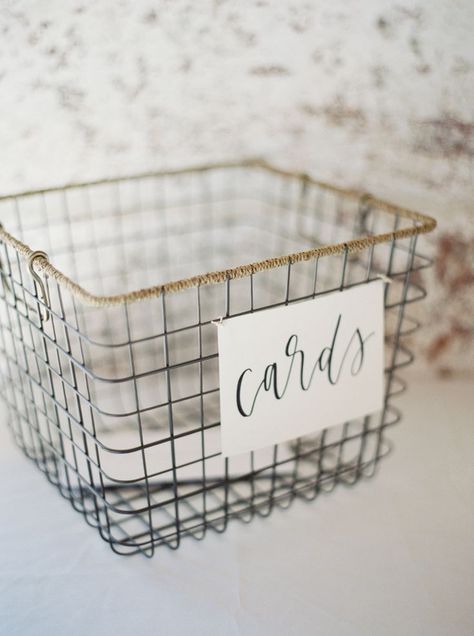 A wire basket and some gorgeous calligraphy is all you really need for a no-fuss card box.   30 Minimalist Wedding Ideas for the Cool Bride Diy Grad Party Decor, Wedding Card Basket, Uee After School, Gorgeous Calligraphy, Card Basket, How To Dress For A Wedding, Senior Stuff, Rustic Wedding Decorations, Minimalist Wedding Decor