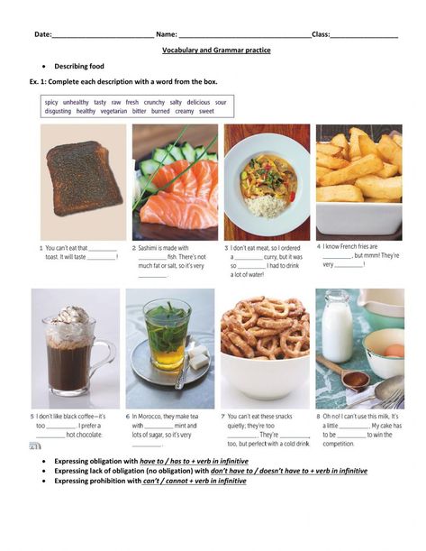 Food Lessons, Food Flatlay, Adjective Worksheet, Grammar Practice, English Tips, English Reading, Food Tasting, Vocabulary Worksheets, Learn English Vocabulary