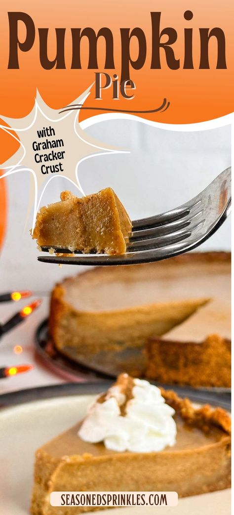 Pumpkin pie with graham cracker crust is a lovely holiday dessert with creamy pumpkin custard on top of crunchy graham crust. #pumpkin #pumpkinpie #recipe #dessert #thanksgiving #christmas #baking #fall #pie Graham Cracker Crust Pie Filling, Pie With Graham Cracker Crust, Holiday Pies Recipes, Homemade Graham Cracker Crust, Graham Cracker Crust Pie, Pumpkin Custard, Homemade Graham Crackers, Best Pumpkin Pie, Baked Pie Crust