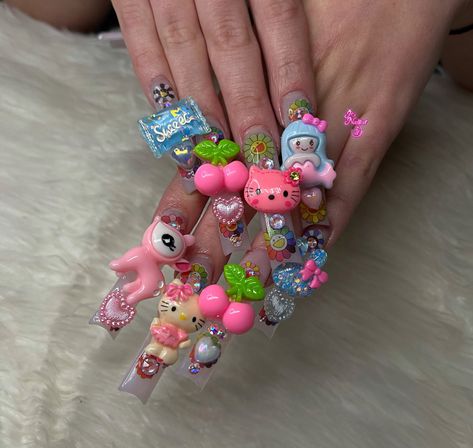 Junk Nails, Duck Nails, Pretty Nail Designs, Long Square Acrylic Nails, Bling Acrylic Nails, Kawaii Nails, Square Acrylic Nails, Nail Charms, Color Collection