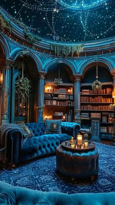 Slytherin Ravenclaw Aesthetic, Ravenclaw Common Room Aesthetic, Ravenclaw Room Ideas, Observatory Room, Treehouse Library, Christmas Rooms, Dnd Locations, Ravenclaw Common Room, Read Aesthetic