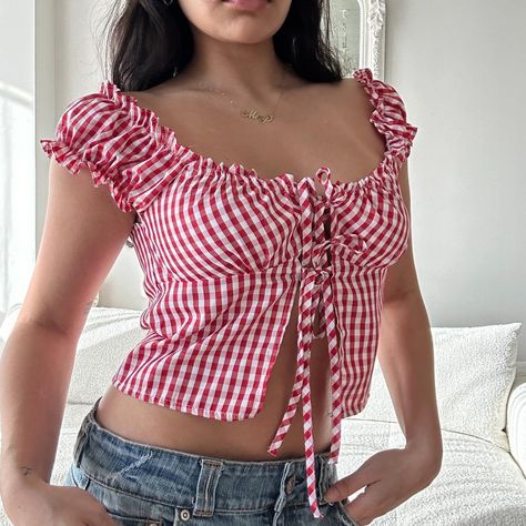 Pattern Top Outfit, Red Gingham Outfit, Gingham Top Outfit, Country Coquette, Red Gingham Top, Red Top Outfit, Pajama Design, Cottagecore Top, Tops Bonitos