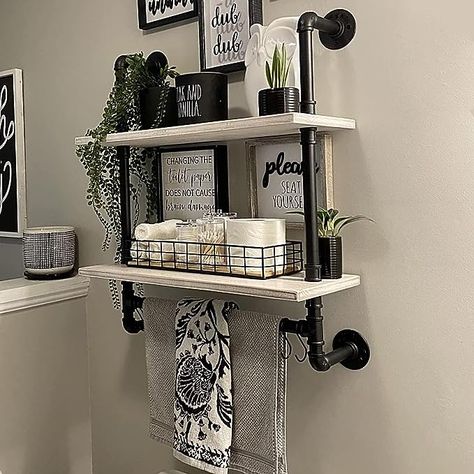 Black Shelves For Bathroom, Industrial Bathroom Shelves, Industrial Shelves Bathroom, Shelves In Bathroom Wall Shelves, Black Shelves Bathroom, Pipe Shelves Bathroom, Shelves In Bathroom Above Toilet, Bathroom Shelves Over Toilet Decor, Bathroom Decor Above Toilet