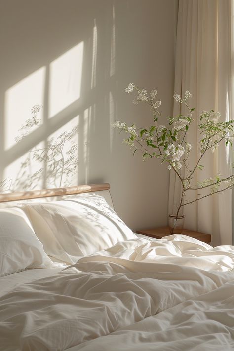 16 Minimalist Bedroom Clean Room Aesthetics, Clean Soft Aesthetic, Peaceful Room Decor, White Clean Bedroom, Clean Space Aesthetic, Serene Branding, Soft White Bedroom, White Bed Aesthetic, Soft Bedroom Ideas