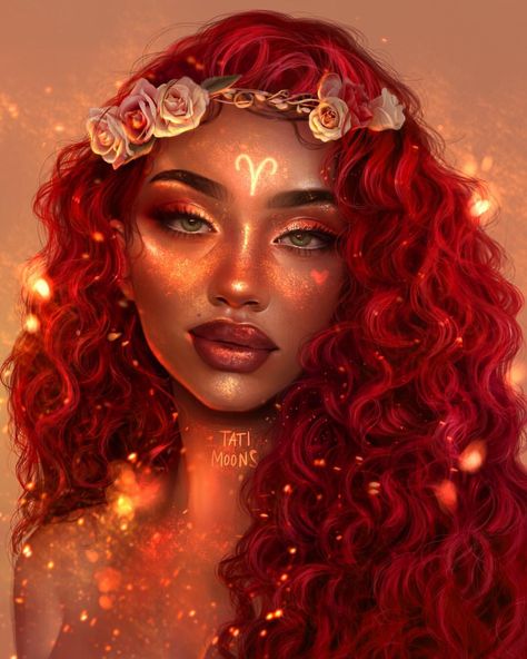 A artes digitais absurdamente belas de Tati MoonS Red Hair, A Woman, Crown, Flowers, Red, Hair