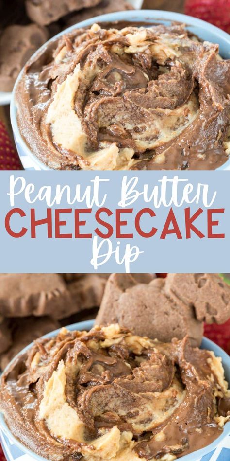 Easy peanut butter cheesecake dip - a s'mores dip with peanut butter! The perfect simple dip for parties - we love dipping cookies in this Peanut Butter Dessert Dip, Cake Mix Dessert Dips, Kit Kat Dip, Easy Dessert Dips 3 Ingredients, Peanut Butter Fluff Dip, Fall Dessert Dips, Easy Appetizer Dips, Sweet Dips For Parties, Easy Peanut Butter Cheesecake