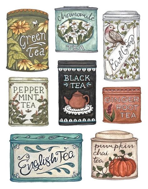 IllustrationX - Fox and Fables portfolio Tea Labels Printable, Vintage Gouache Illustration, Tea Shop Illustration, Tin Box Painting Ideas, Tea Character Design, Tin Painting Ideas, Tea Set Drawing, Tea Aesthetic Vintage, Tea Illustration Art