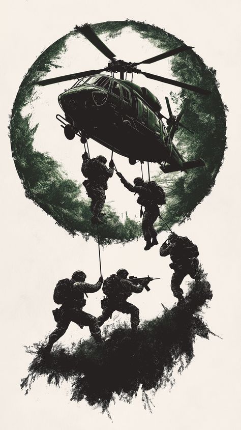 🎖️⚔️ Gear up with a bold t-shirt design that screams action! Check out the stunning silhouette of soldiers abseiling from a helicopter, set against a fierce camouflage backdrop. This circular graphic captures the essence of tactical operations with its high-contrast black silhouette and military green and black hues. Perfect for those who embrace the spirit of adventure and the thrill of the ba... Green And White Background, Blackhawk Helicopter, Two Soldiers, Abseiling, Powerful Images, Black Silhouette, Monster Art, Battlefield, Military Green