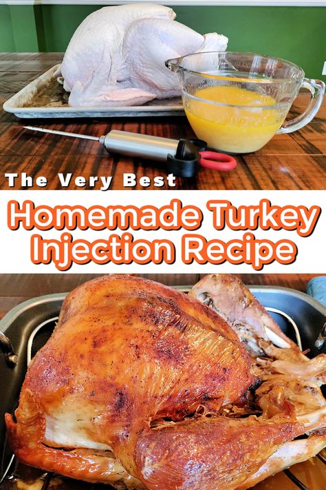 A raw and cooked turkey with a text overlay that says "The Very Best Homemade Turkey Injection Recipe" Homemade Injection For Turkey, Turkey Injector Recipe, Turkey Injection Recipes, Turkey Injection Marinade, Seasoning Turkey, Turkey Injection, Turkey Rub Recipes, Turkey Marinade, Chicken Brine