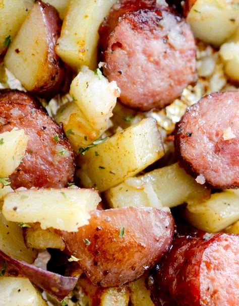 Oven Roasted Smoked Sausage and Potatoes - Recipe Diaries Roasted Smoked Sausage And Potatoes, Oven Roasted Sausage, Smoked Sausage And Potatoes, Smoked Sausage And Potato Recipe, Baked Meals, Roasted Sausage, Sausage And Potato Bake, Sausage And Potatoes, Potatoes Crispy