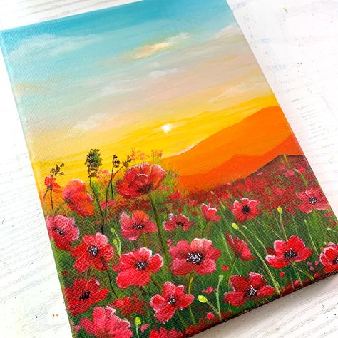 Mini Toile, Sunset Painting Acrylic, Beginners Painting, Sky Art Painting, Small Canvas Paintings, Flower Painting Canvas, Canvas Painting Designs, Painting Ideas On Canvas, Landscape Art Painting